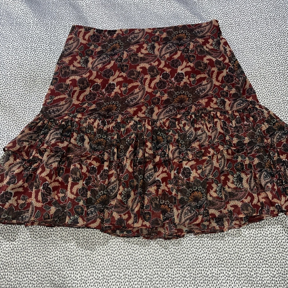 Anthropologie Let Me Be Tiered Ruffle Paisley Boho Chiffon Mini Skirt‎ Size 6
